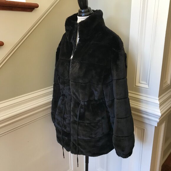 Elie Tahari Faux Fur Coat Womens Medium Black Cinch Waist Long Sleeve Jacket - Picture 11 of 15